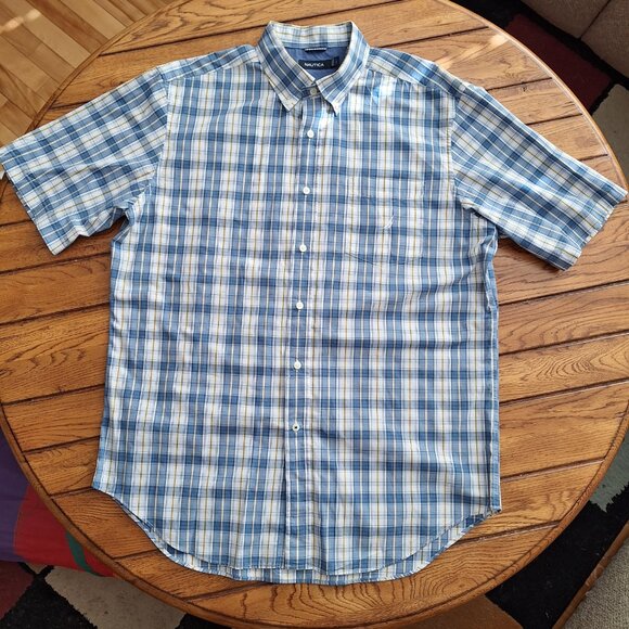 Nautica Men’s Cotton Short Sleeve Button Down Blue and Yellow Plaid Shirt Size L - Picture 2 of 8